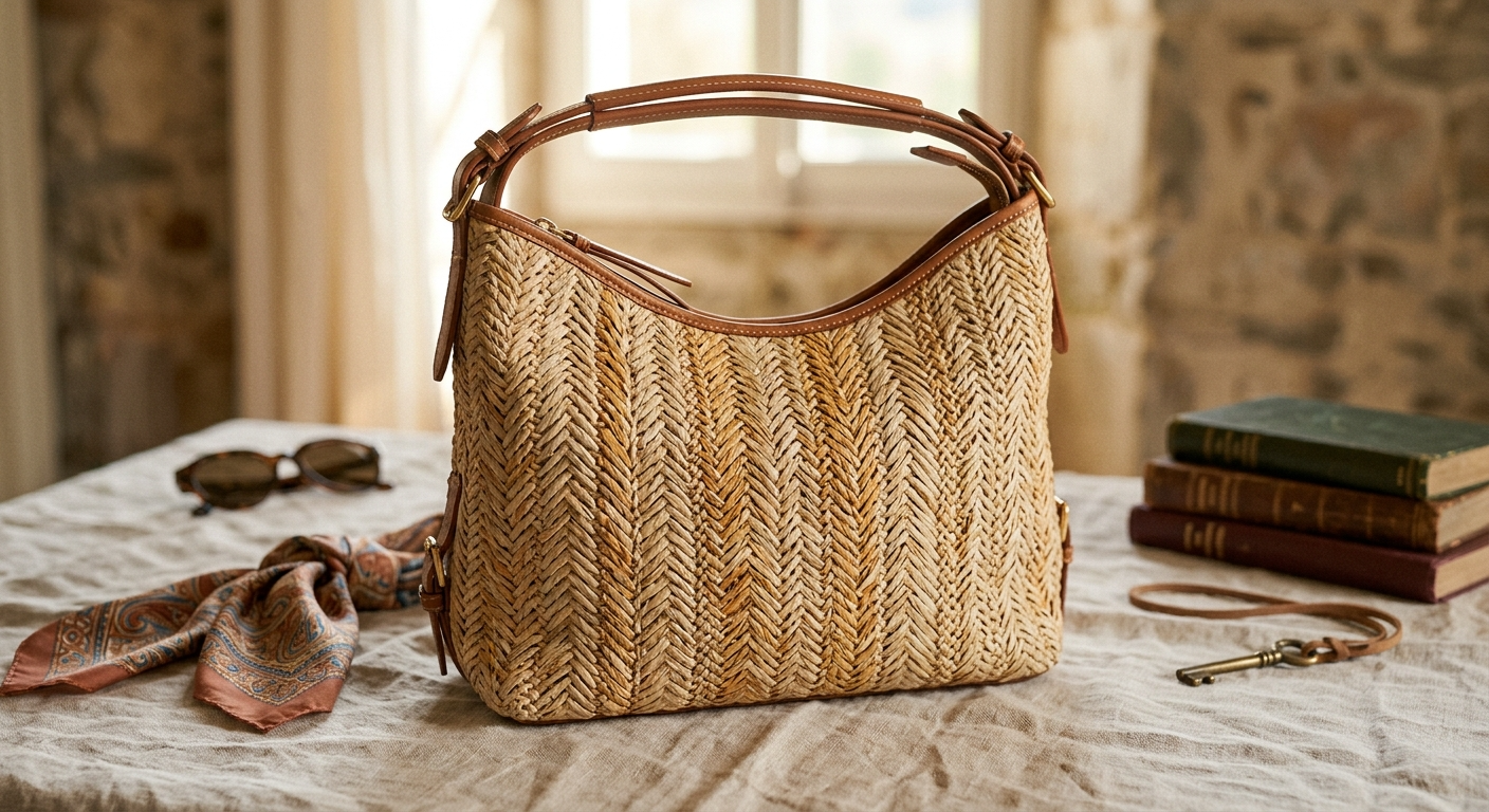 KI-generiertes Bild: Geflochten, Raffia, Naturmaterialien: Der neue Material-Trend bei Taschen