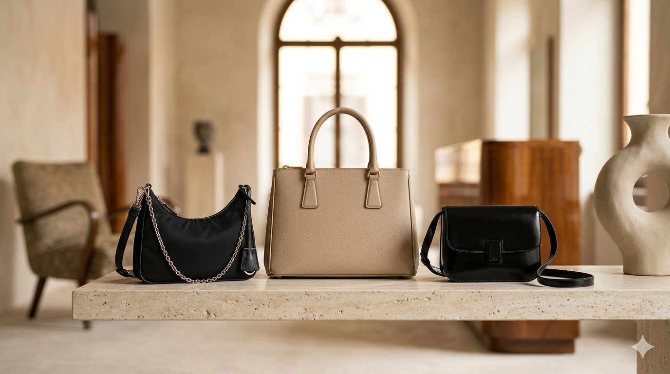 KI-generiertes Bild: Prada Handtaschen Guide: Geschichte und Ikonen